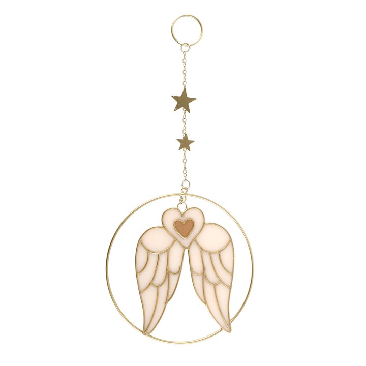 Angel wing suncatcher with gold heart and star hanging detail