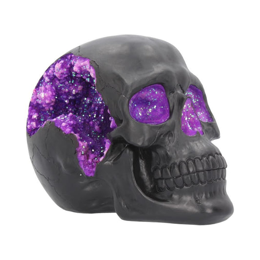 Black geode skull ornament with pink purple crystal detailing