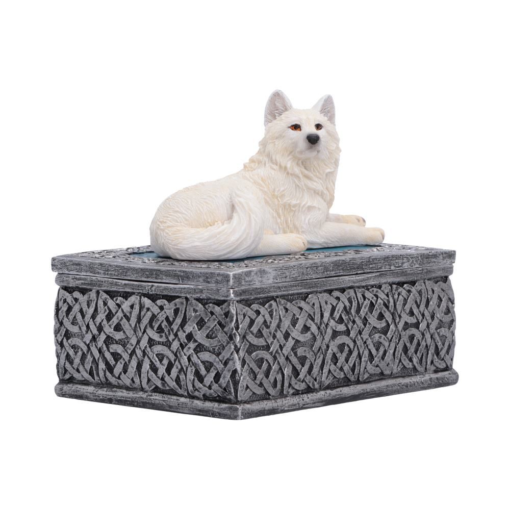 Decorative white wolf keepsake box viewed from the side