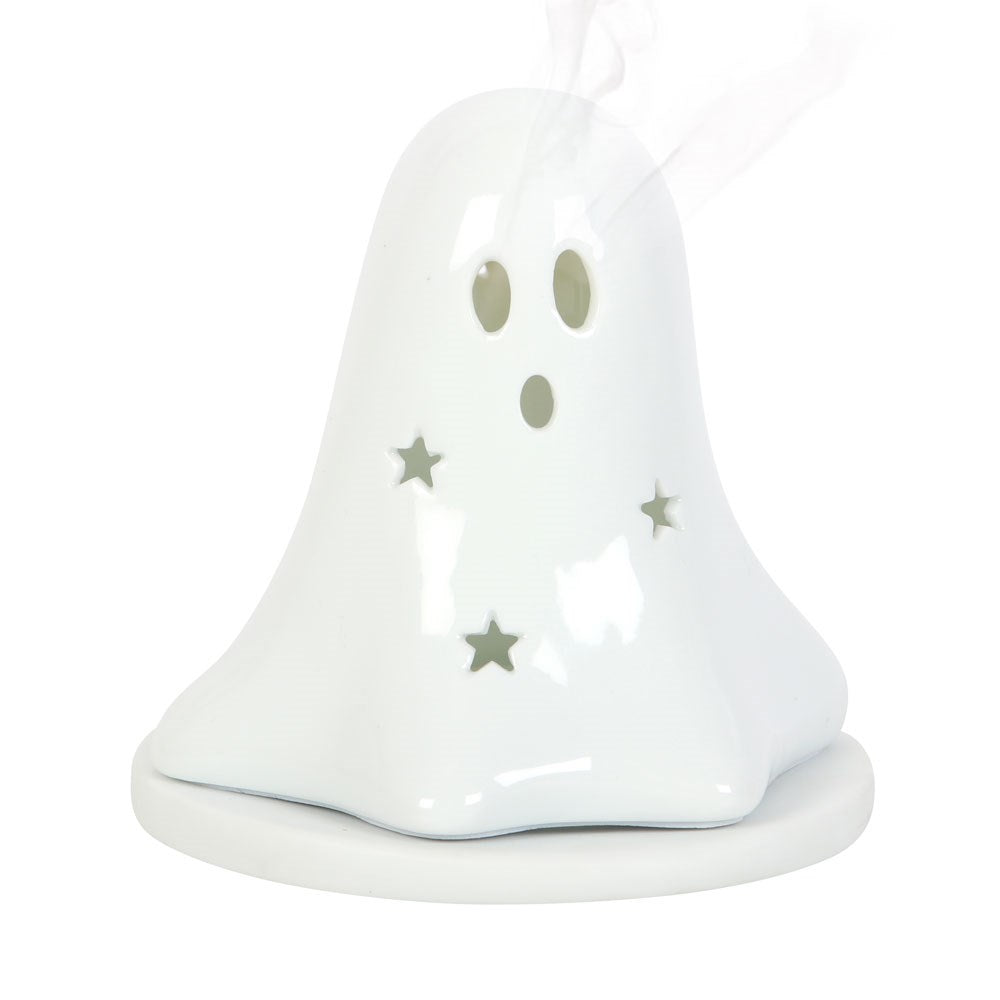 White ceramic ghost candle holder front view