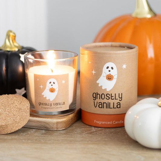 Ghost vanilla scented candle with pumpkins