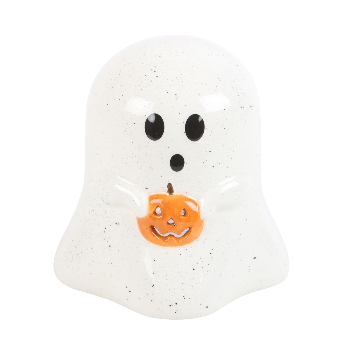 White ghost tealight holder with orange pumpkin detail