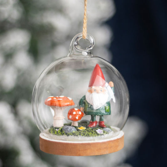 Gnome glass dome Christmas bauble with toadstools