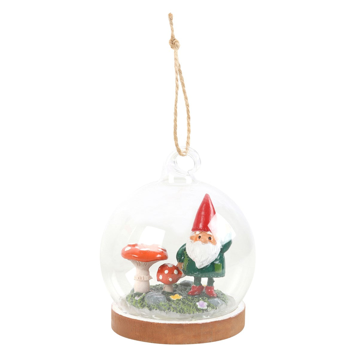 Hanging gnome and toadstool glass dome decoration
