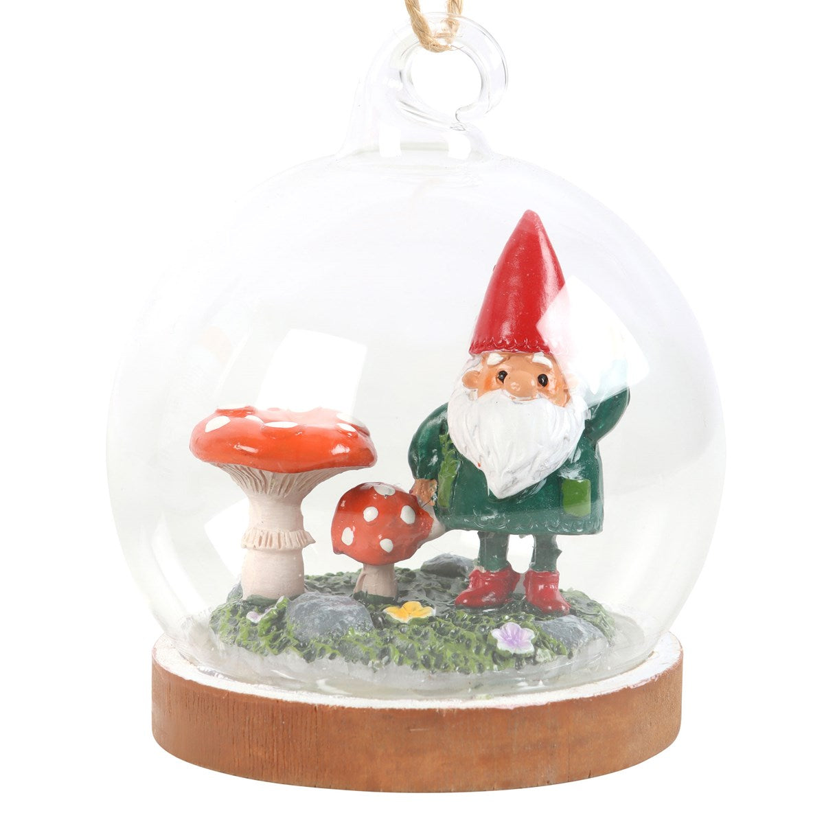 Close-up of gnome glass dome Christmas bauble