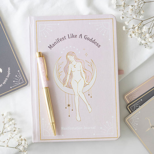 Goddess manifestation journal with rose quartz crystal chip pen