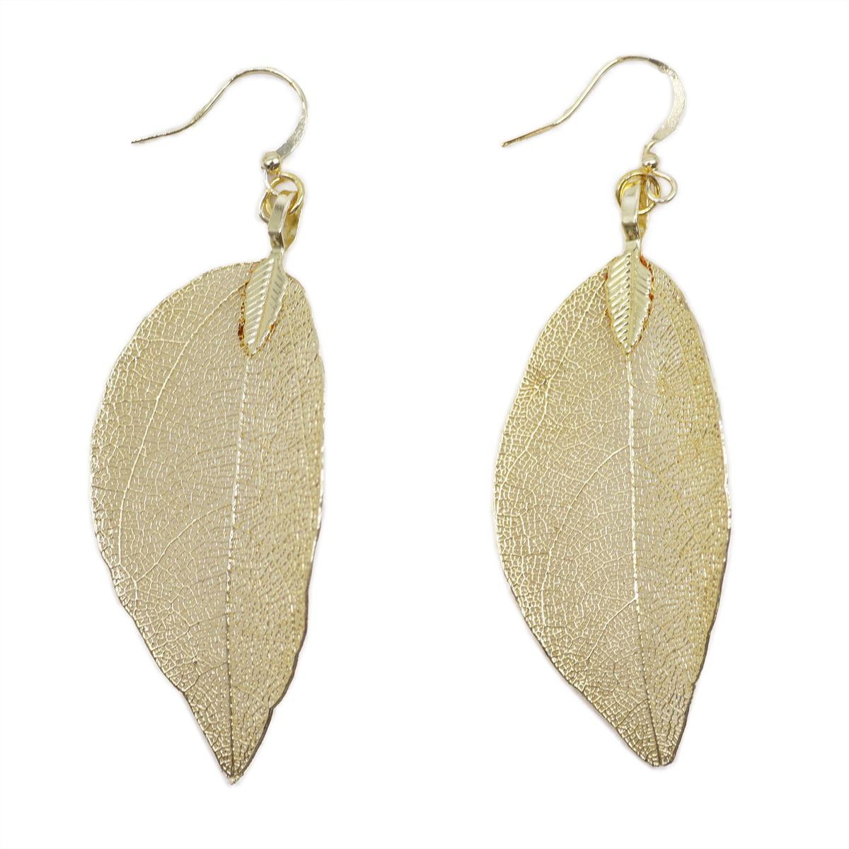 Pair of electroplated natural leaf hook earrings