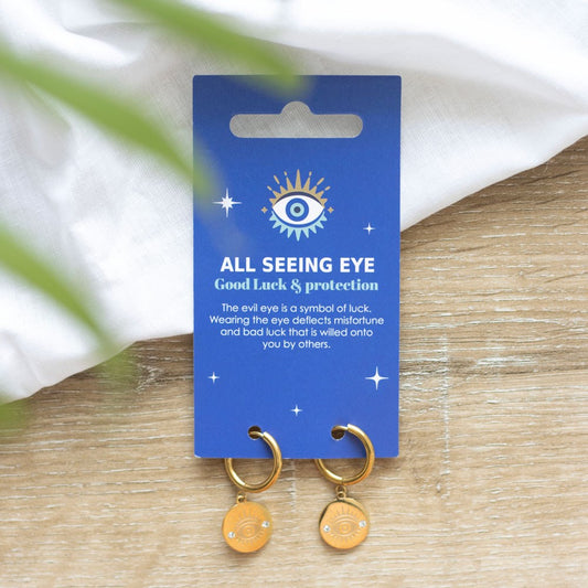 Gold-toned All-Seeing Eye earrings on meaning card