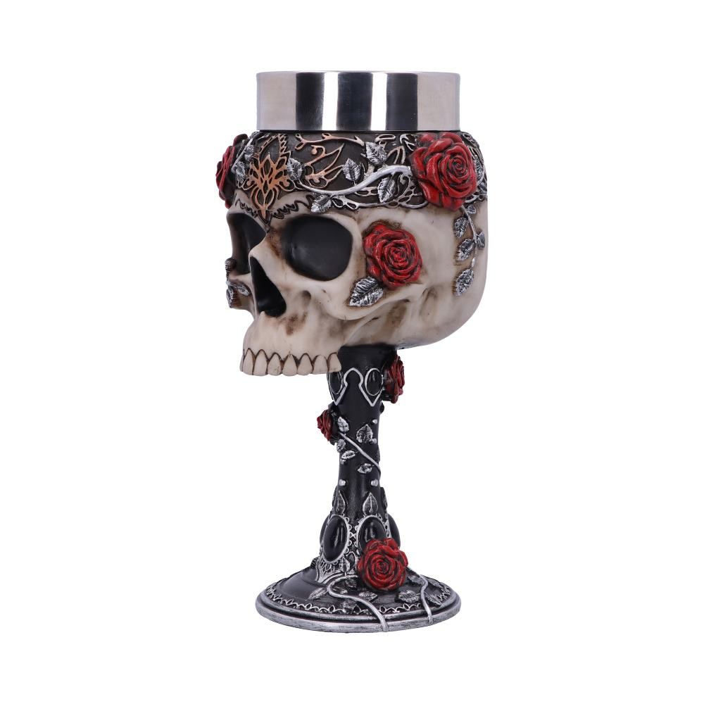 Front angled view of hand-painted rose skull goblet