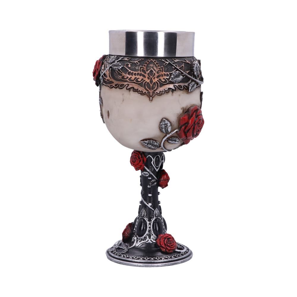 Rear view showing silver vines and roses on gothic skull goblet