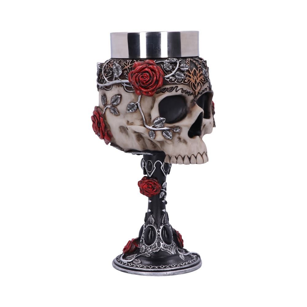 Front view of Gothic Roses skull goblet by Nemesis Now