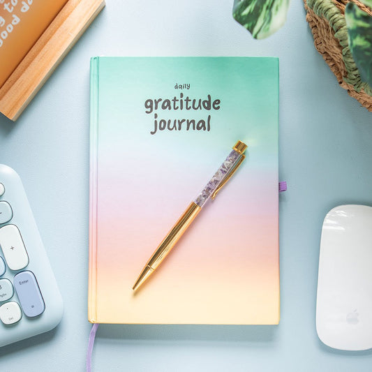 Gratitude journal with amethyst crystal pen