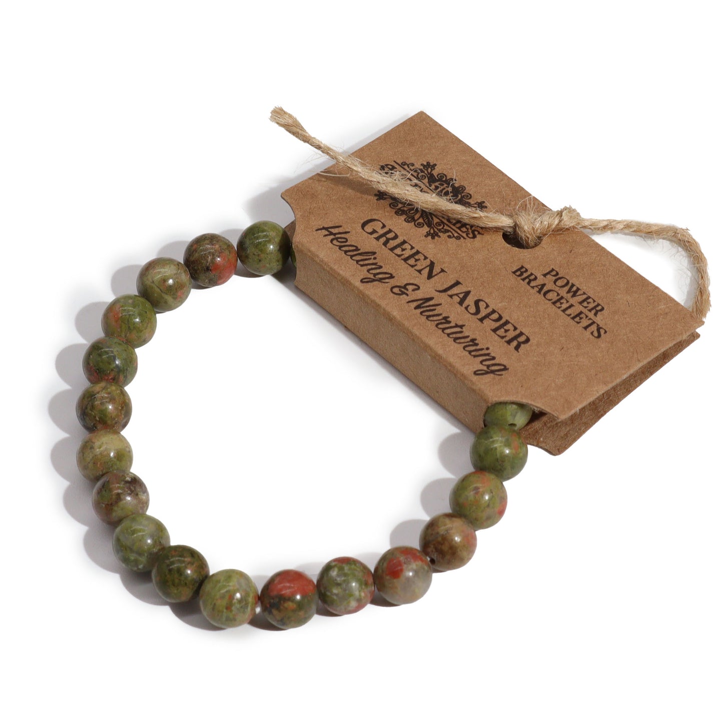 Green Jasper gemstone stretch bracelet with tag
