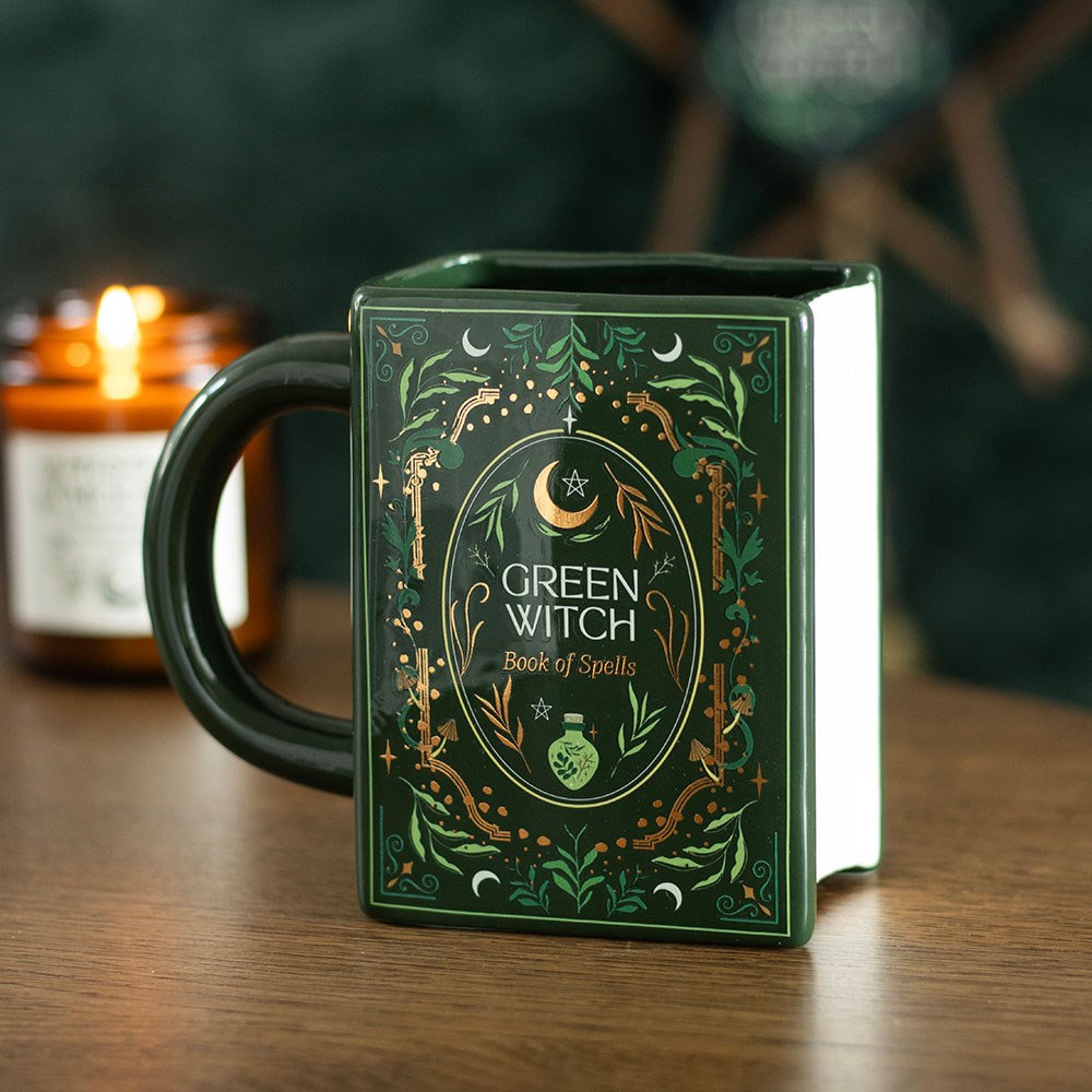 Green Witch book shaped mug with spellbook design