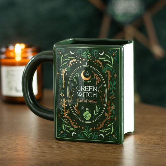 Green Witch book shaped mug with spellbook design