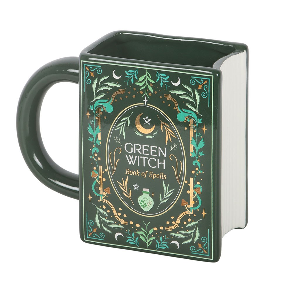 Green Witch ceramic book shaped mug