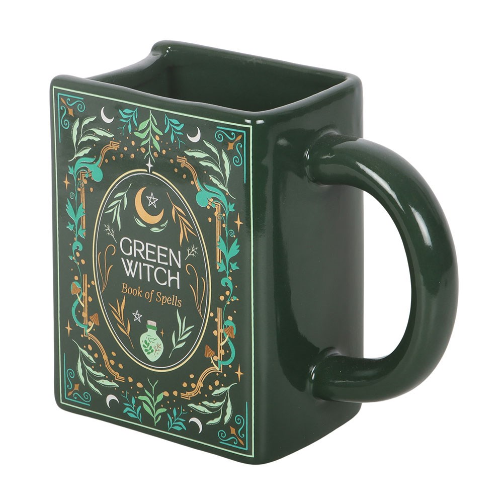 Green Witch book shaped mug side view