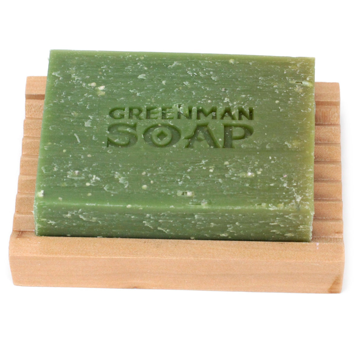 Greenman lemon and basil soap on wooden soap dish