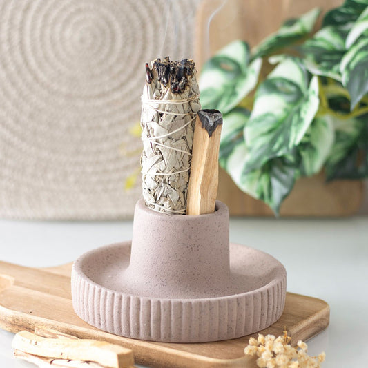 Greige ceramic smudge bowl with sage and Palo Santo