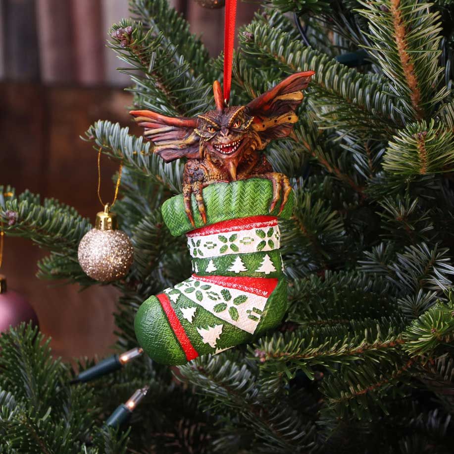 Gremlins Mohawk ornament hanging on Christmas tree