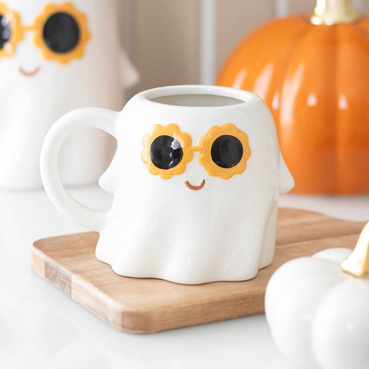 Groovy Ghost Mug with orange flower sunglasses