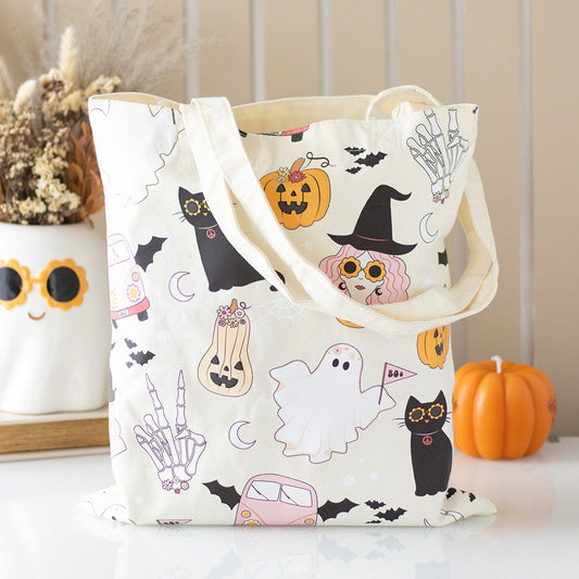 Groovy Ghost Halloween tote bag with spooky print