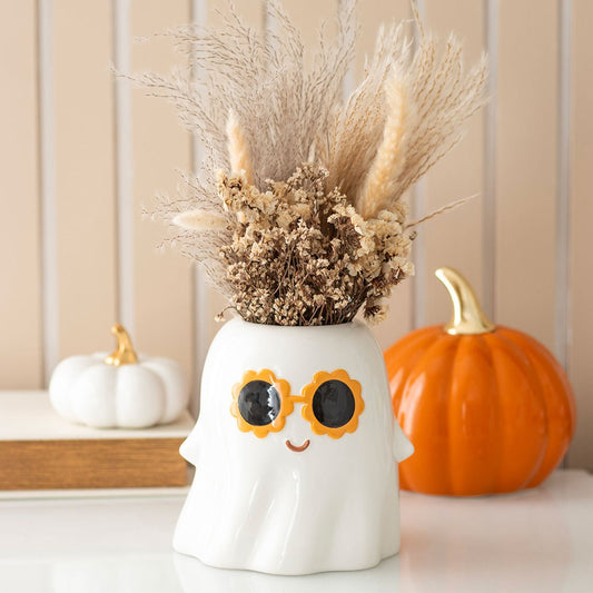 Groovy Ghost ceramic vase with dried flowers Halloween decor