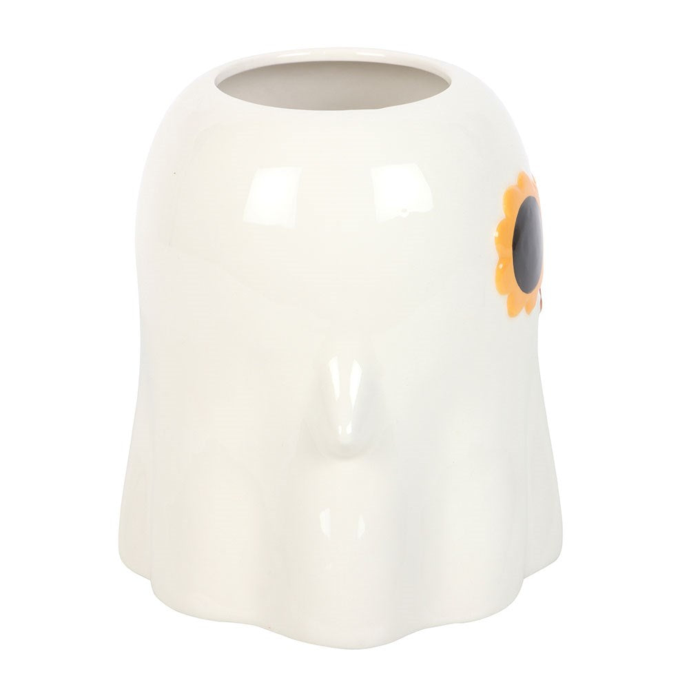 Side view of white ceramic Groovy Ghost vase