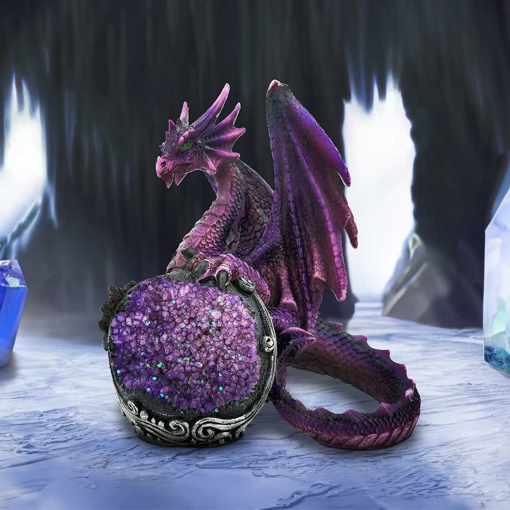 Purple dragon guarding crystal geode figurine