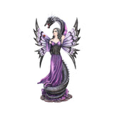 Statue of a woman with dragon wings and body, wearing a purple dress on a white background