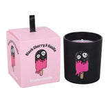Black cherry and vanilla scented candle with pink packaging featuring ice cream graphics.