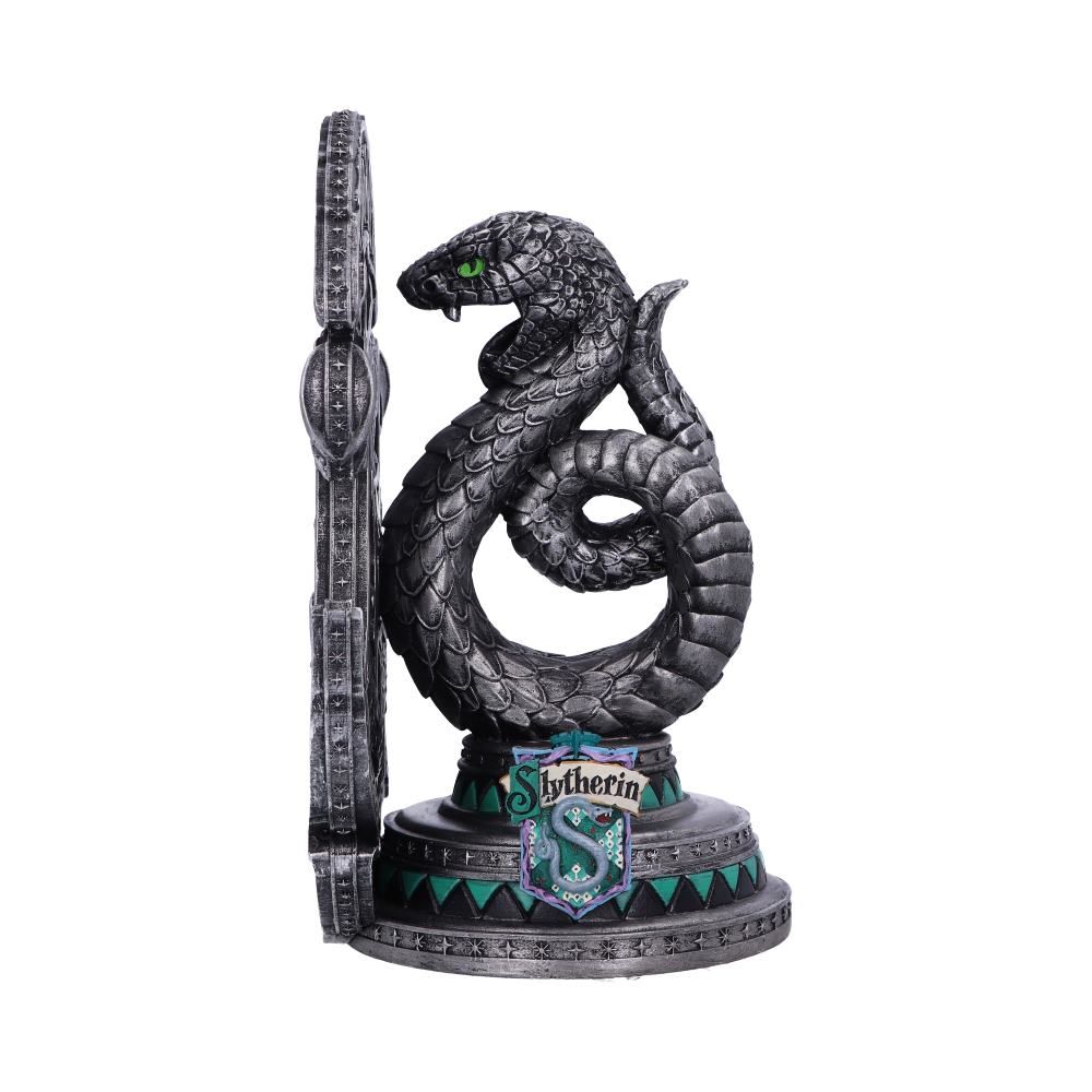 Slytherin serpent bookend with green Hogwarts house detailing