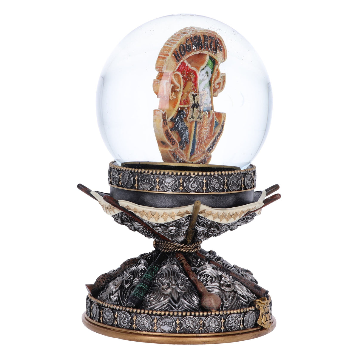 Harry Potter snow globe showing Hogwarts crest and decorative base