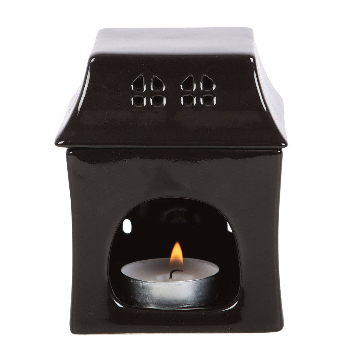 Rear view of Haunted House Oil Burner with tealight inside