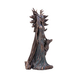 Bronze-like figurine of a woman with antlers and a wolf on a white background