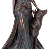 Bronze statue of a woman holding a wolf on a white background