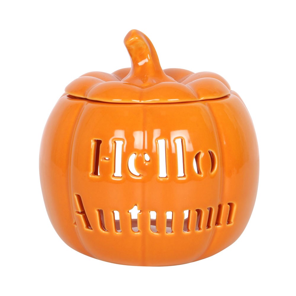Front view of orange Hello Autumn pumpkin oil burner with lid