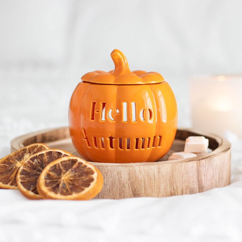 Hello Autumn orange pumpkin oil burner with autumn decorations