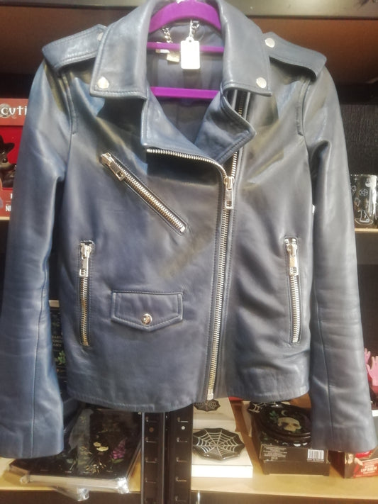 Whistles Navy Leather Biker Jacket – Women's Size 4