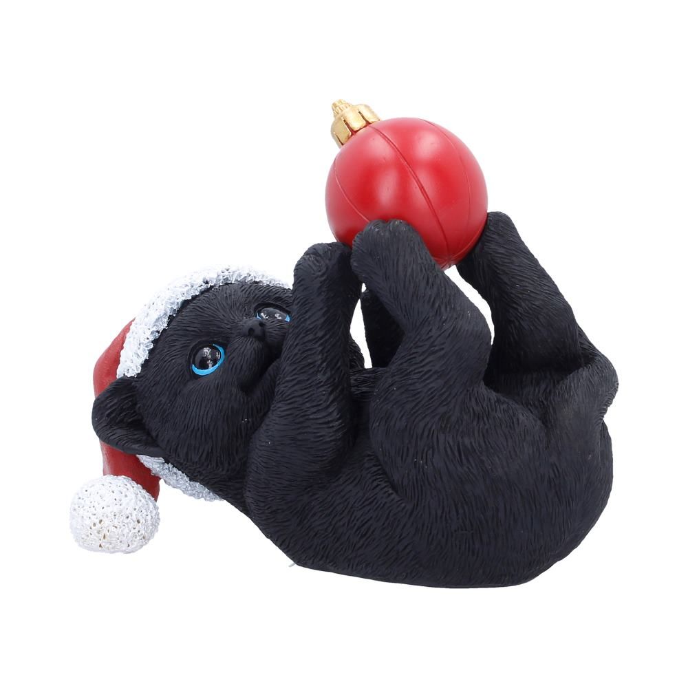 Side view of Jingle Paws black cat holding a Christmas bauble