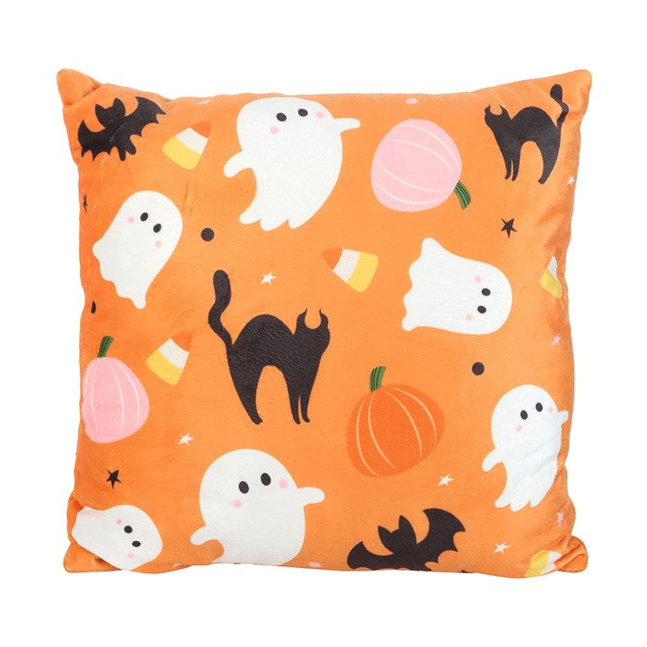 Orange Halloween cushion with ghosts cats and bats