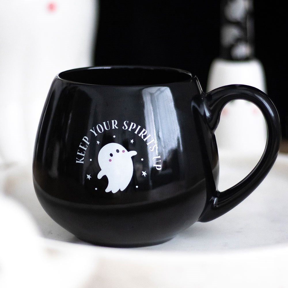 Keep Your Spirits Up black ghost mug