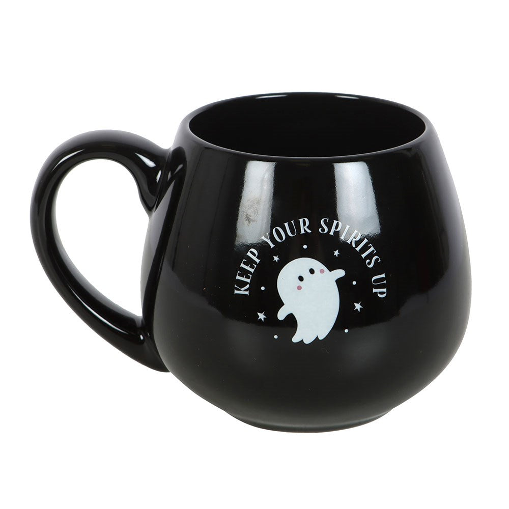 Black ceramic Halloween mug with white ghost