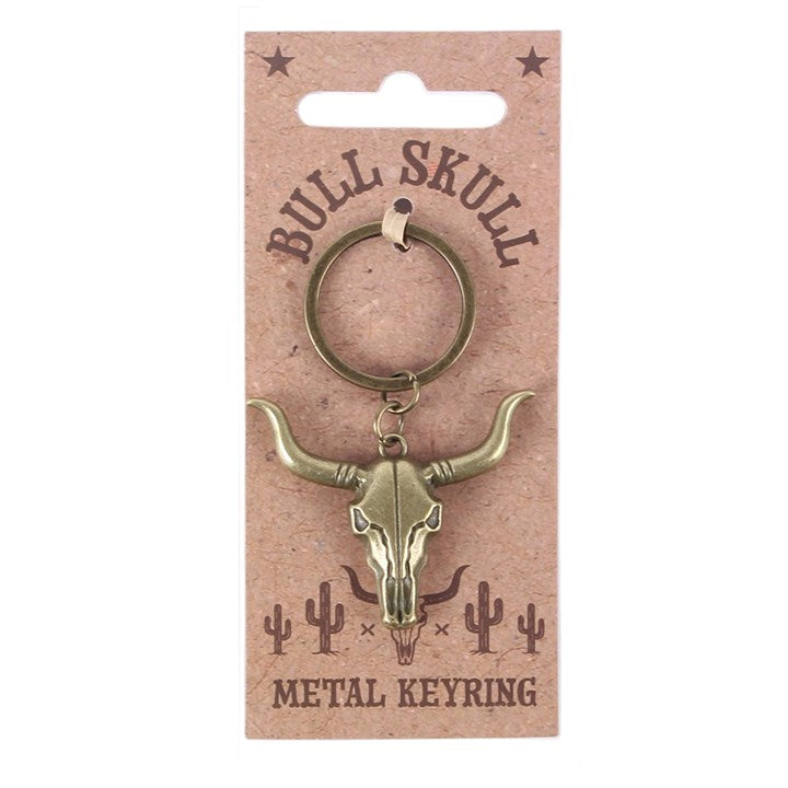 Bull Skull metal keyring on display card