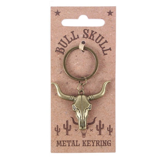Bull Skull metal keyring on display card