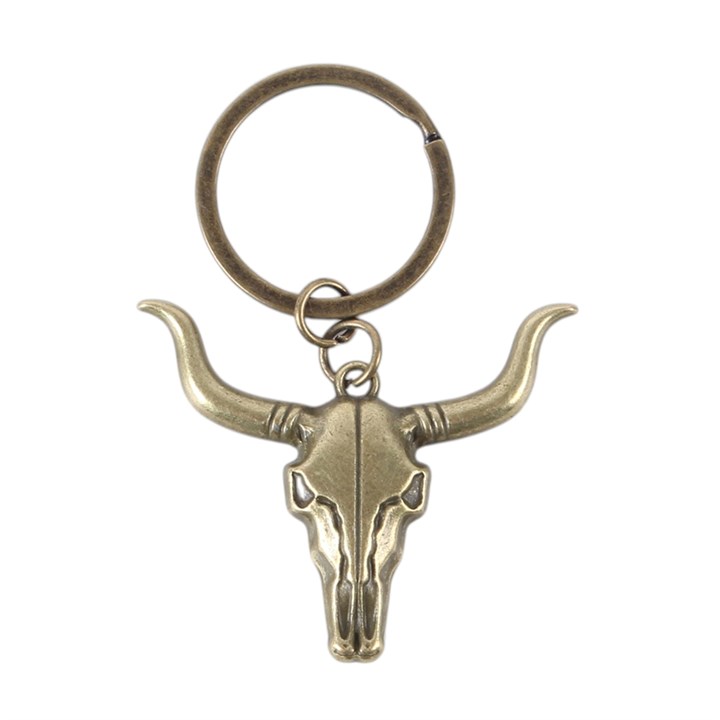 Antique gold-tone longhorn bull skull keyring front view