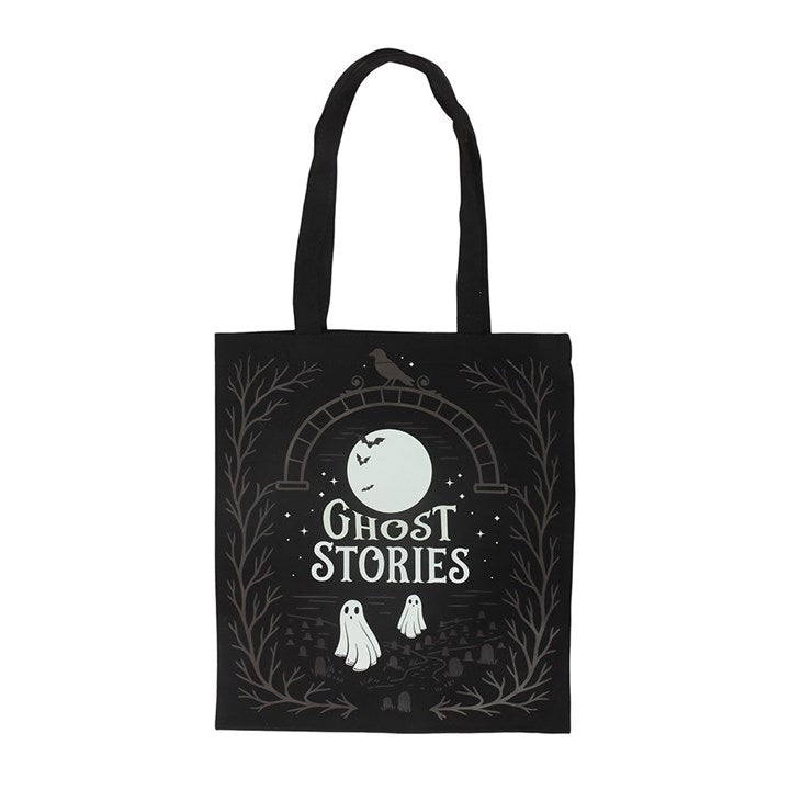Ghost Stories tote bag with ghost and cemetery design