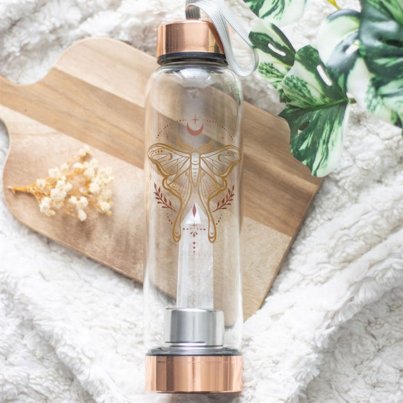 Luna Moth Water Bottle with Clear Quartz Crystal