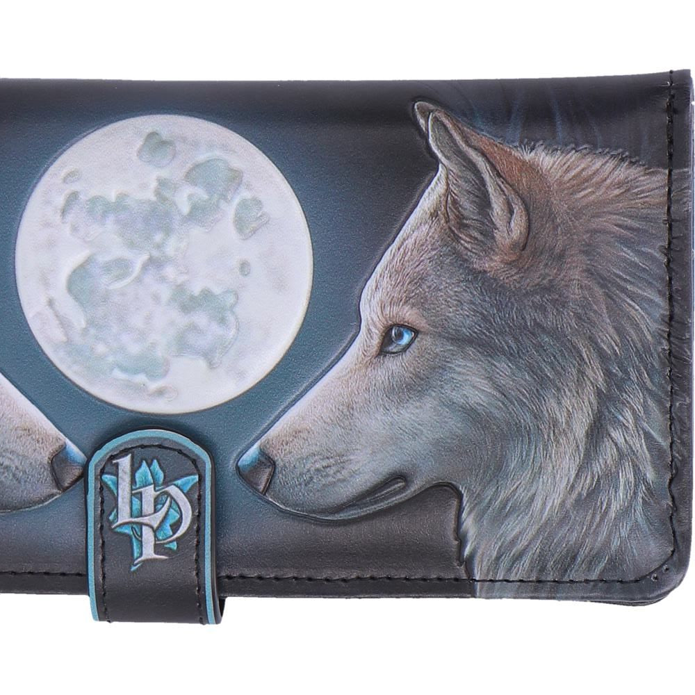 A black purse featuring an embossed design of a gray wolf looking at a full moon, with a black strap closure on the right side.