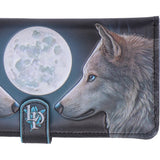A black purse featuring an embossed design of a gray wolf looking at a full moon, with a black strap closure on the right side.